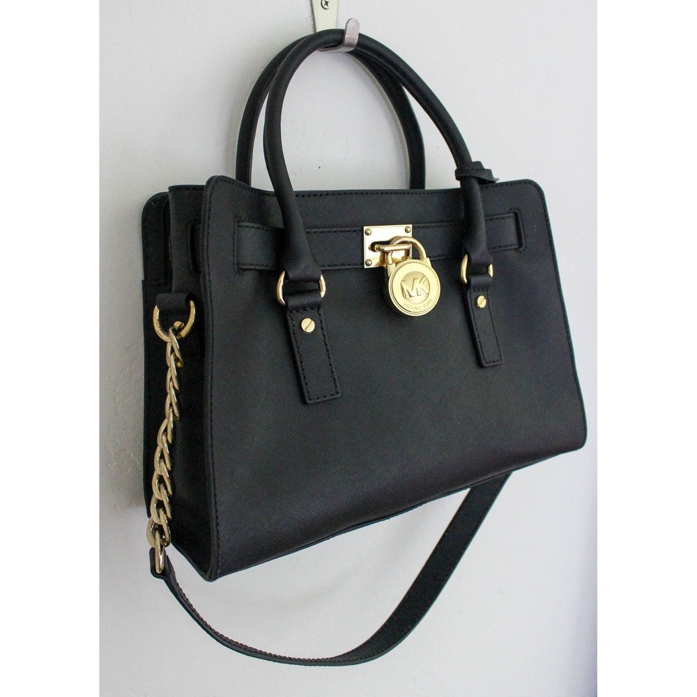 Michael Kors Hamilton East West Satchel Handbag Black Saffiano Leather Gold Tone - Picture 3 of 11